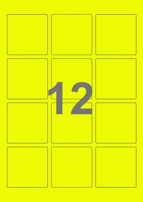 A4-etiketter, 12 Udstansede etiketter/ark, 60,0 x 60,0 mm, neon gul, 100 ark